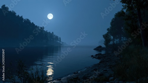 A serene, moonlit night scene with a calm lake, rocky shore, and dense forest in the background.