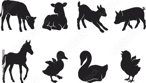 Foto Farm Animal Silhouette Icons Featuring Calf, Lamb, Kid Goat, Piglet, Foal, Duckl