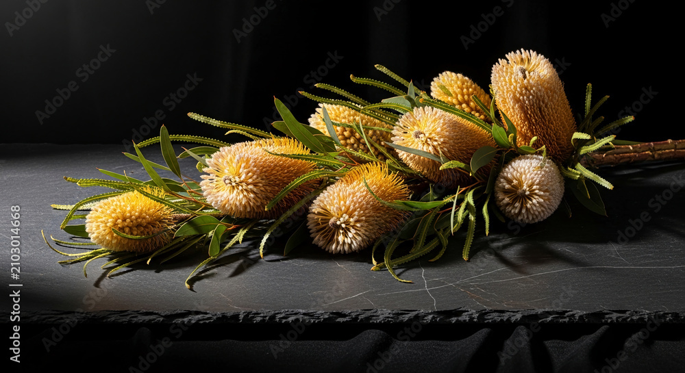 Fototapeta premium A bouquet of spiky yellow and white banksia flowers with green leaves on a dark textured surface, symbolizing natural beauty and botanical interest