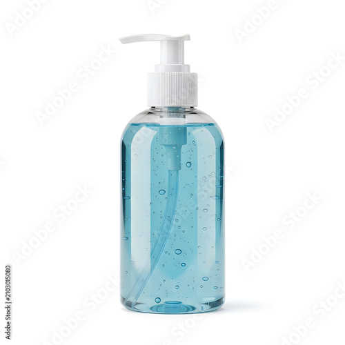 Blue hand sanitizer gel in clear pump bottle, antibacterial liquid soap dispenser on white background, antiseptic alcohol gel for hygiene and virus protection
