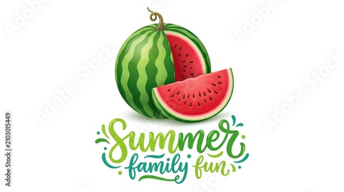 Summer family fun with fresh watermelon slice. Vibrant seasonal fruit logo for outdoor leisure and healthy lifestyle branding.