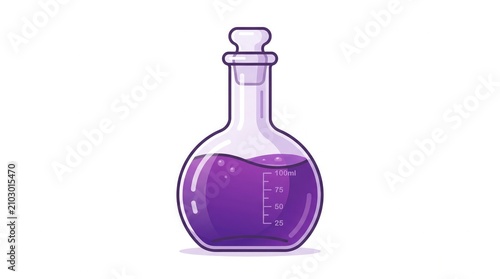 Laboratory glass flask with purple liquid for scientific research. Chemical beaker containing vibrant violet solution in modern lab setting.