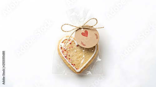 Heart shaped cake with pink icing and sprinkles tied with ribbon