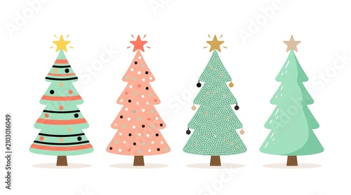Four festive Christmas trees with colorful ornaments and stars. Vector illustration of holiday evergreens decorated for seasonal celebrations and w...