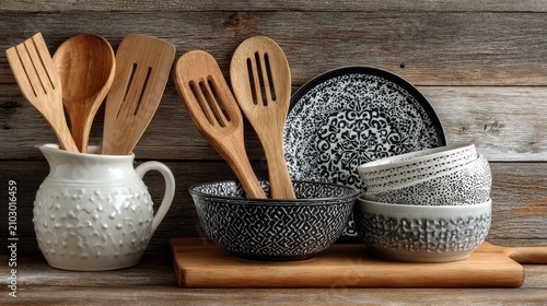 Colorful ceramic kitchenware and wooden utensils arranged on a board against a rustic wooden background.
