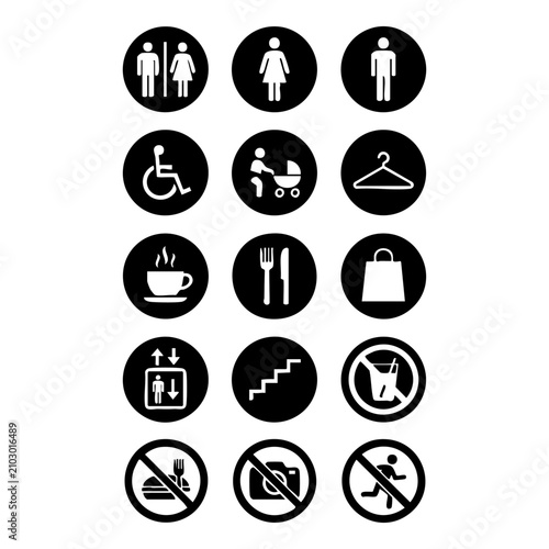 Public signage and facility information icons with facility information restroom disabled wheelchair stroller shopping elevator drinking photography graphics wayfinding navigation