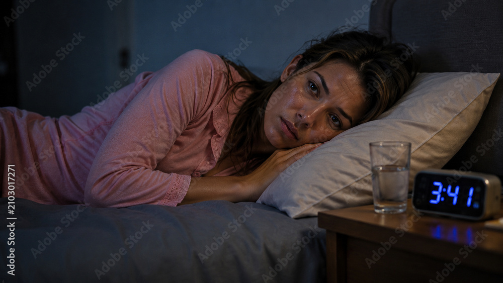 Fototapeta premium Sweaty young woman in pink cotton pajamas lying awake beside a glass of water and digital clock at 3:41 AM during a heatwave night with dim blue bedroom lighting