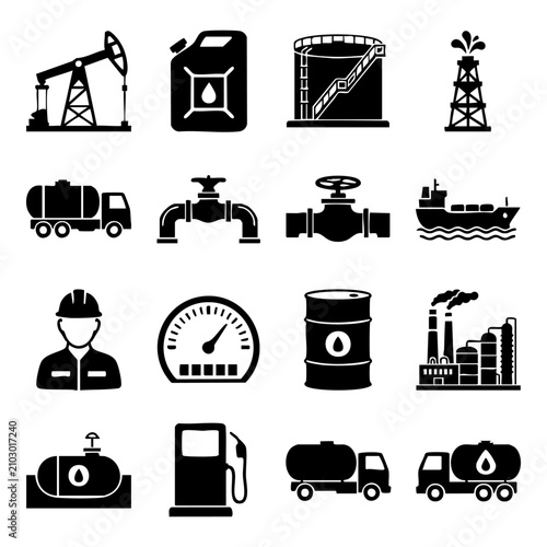 Oil and gas industry icons collection with industry petroleum drilling refinery pipeline extraction graphics collection transport shipping logistics machinery industrial production