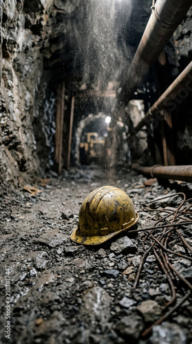 Abandoned underground mining tunnel with dust particles in the air and a yellow hard hat on the ground
