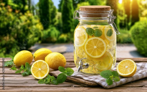 Refreshing Summer Lemonade Station with Glass Jar and Fresh Lemons on a Wooden Table