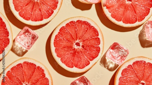 Fresh pink grapefruit slices and crystal ice cubes.