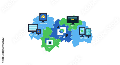 NFT Hub and Blockchain Ecosystem Concept Illustration with Interconnected Digital Asset Screens