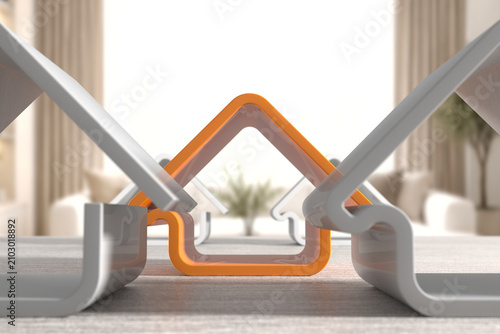 Modern orange house frame background with minimalist interior setting for real estate banner and design