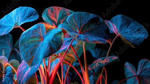 Fluorescent tropical leaves with vibrant neon lighting.