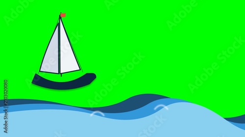 Animated sailboat illustration on stylized blue ocean waves, set on a bright green screen, perfect for compositing as a versatile element in video and graphic designs