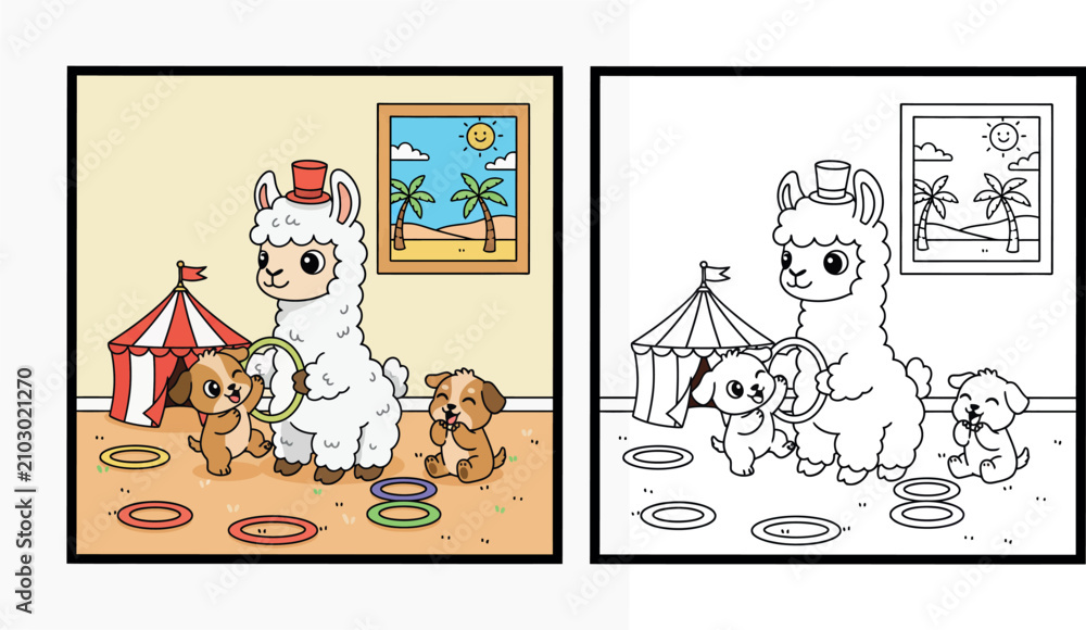 Fototapeta premium Cute Cartoon Illustration of a Llama Ring Toss Game with Two Happy Puppies Indoors