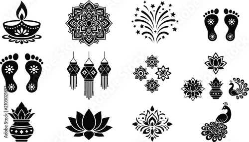 Diwali Symbols Silhouette Collection in Black and White