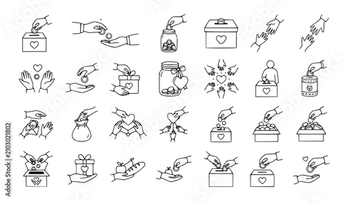 Foto Charity Donation Hands and Coin Box Outline Vector Collection Giving and Generos