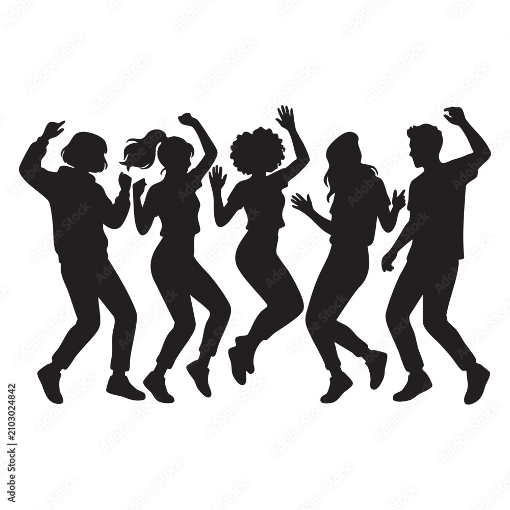 Fototapeta premium Dancers Silhouette Group Celebrating with Energetic Poses and Joyful Movement. Dynamic Figures in Black Outline, Party Atmosphere.
