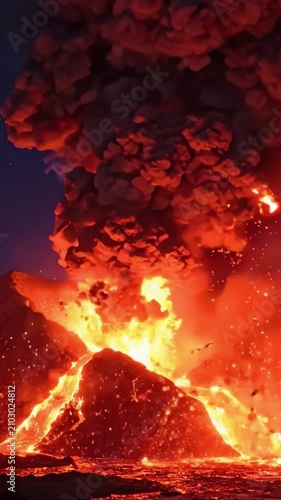 A breathtaking sequence showcasing a volcanic eruption, where molten lava cascades down the sides of the mountain amid towering clouds of ash and smoke lighting up the night sky.