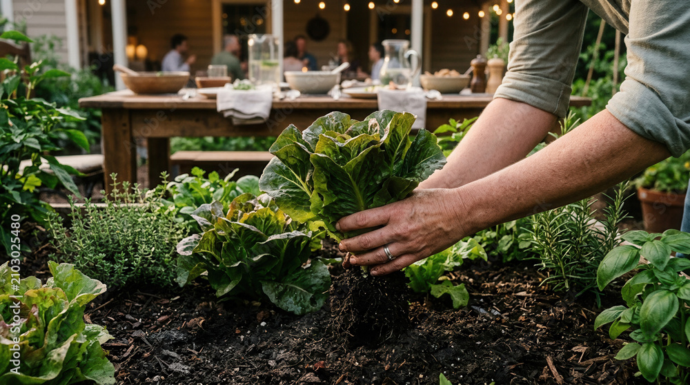 Fototapeta premium Harvesting Fresh Garden Greens Preparing A Wholesome Outdoor Meal In The Backyard