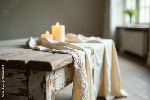 Serene ambiance featuring a rustic wooden table adorned with a delicately embroidered cream-colored textile and softly glowing candles.