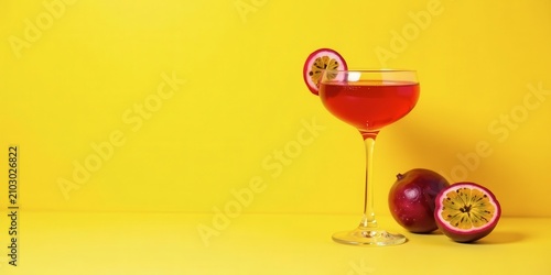 A vibrant red cocktail in a stemmed glass, garnished with a passion fruit slice, sits beside whole and halved passion fruits against a sunny yellow backdrop.