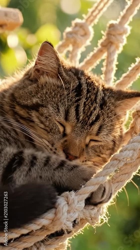 A Serene Tabby Cat Relaxing in a Cozy Hammock as Soft Sunlight Filters Through Leaves, Capturing the Essence of Peaceful Outdoor Moments