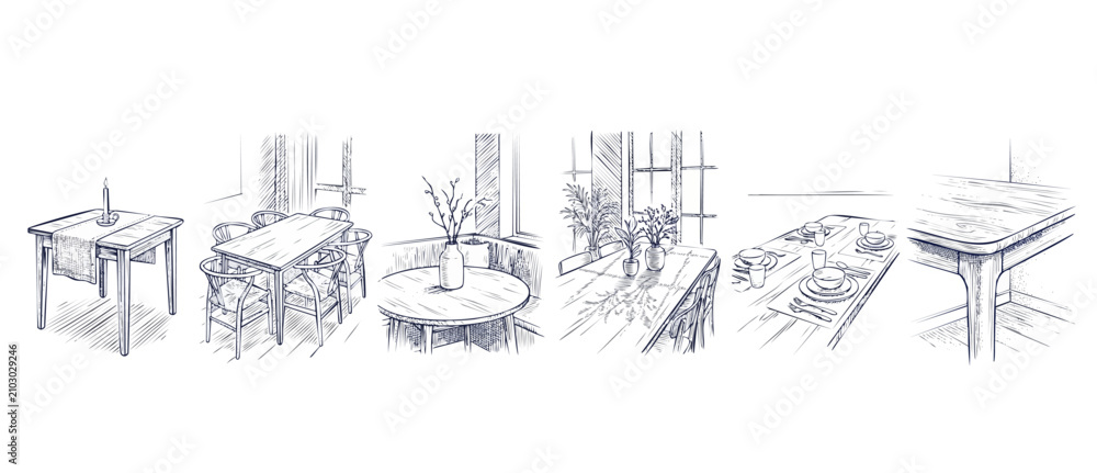 Obraz premium Dining table sketch illustration set of hand drawn wooden furniture line art drawings for home interior design concepts including chairs plates vases and modern dining room settings on white backgroun