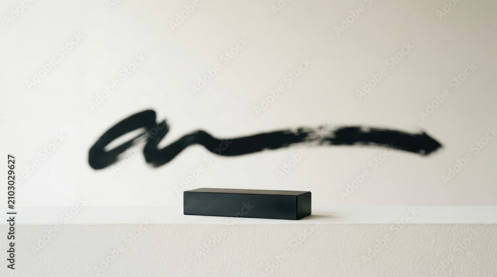 Obraz premium Black rectangular podium on white shelf with abstract black brush stroke on wall behind photography