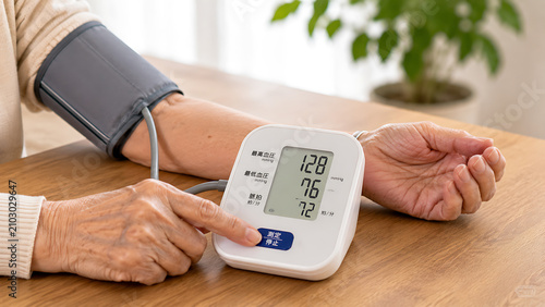 家庭用血圧計で血圧を測る高齢者の手 健康管理や生活習慣病予防イメージ