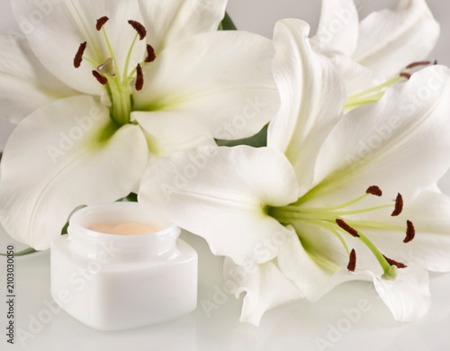 White Cosmetic Cream Jar Mockup with Lilies