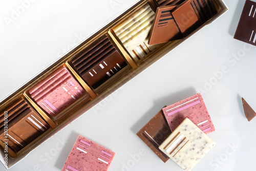 a box of chocolates with different types of chocolate