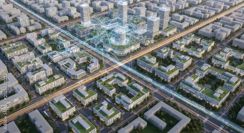 Fototapeta premium Futuristic smart city infrastructure with glowing digital network connections, symbolizing advanced urban connectivity and technological integration.