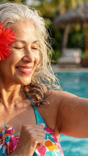 Joyful Elderly Woman Enjoys a Relaxing Moment by the Pool, Capturing Memories with a Vibrant Flower in her Hair and a Gorgeous Tropical Background