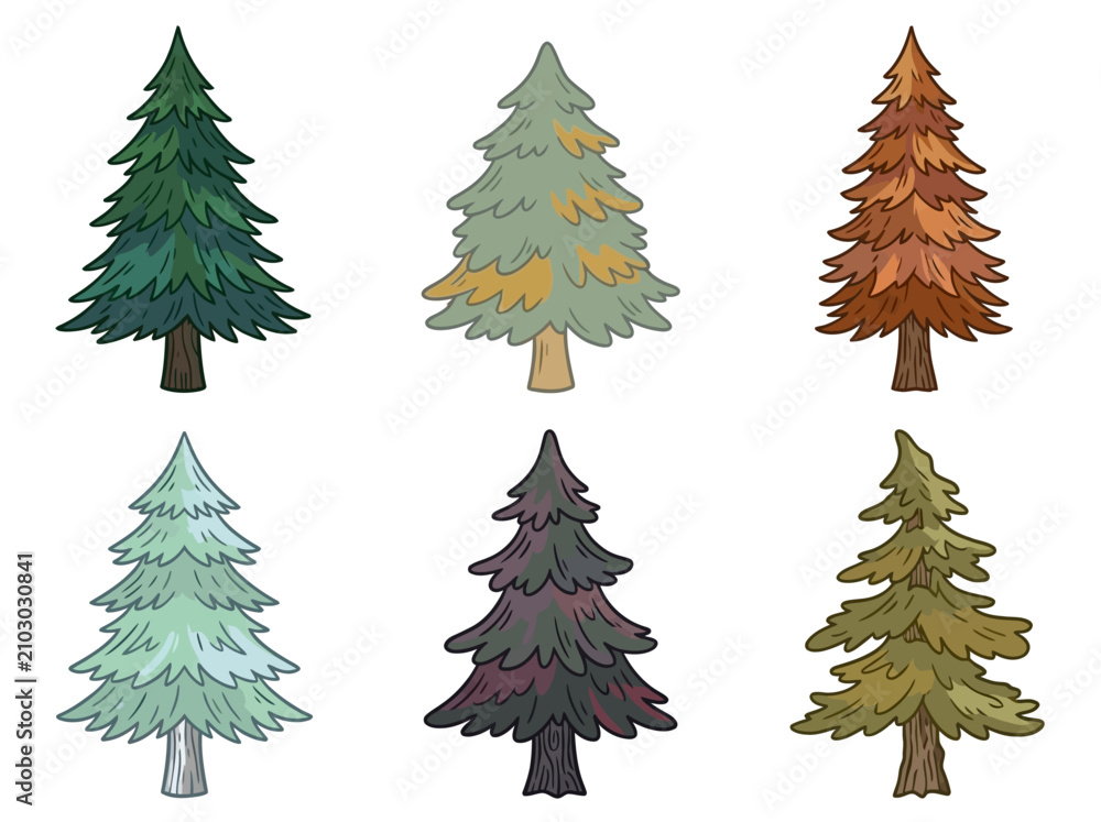 Obraz premium Six stylized coniferous pine trees featuring varied seasonal colors and artistic hand drawn outlines isolated on a solid white background