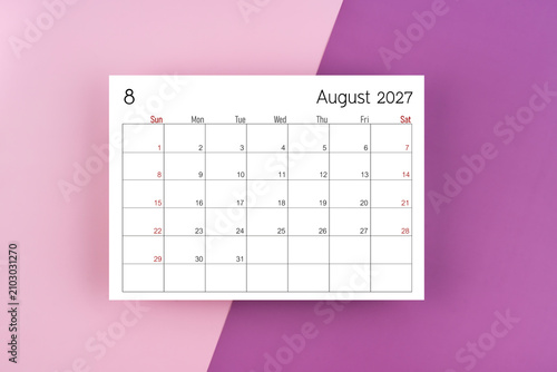 August 2027 blank calendar on purple two tone color background.