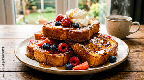 Delicious French toast stacked high and topped with fresh berries, whipped cream, and syrup, served with a steaming cup of coffee for a perfect breakfast.
