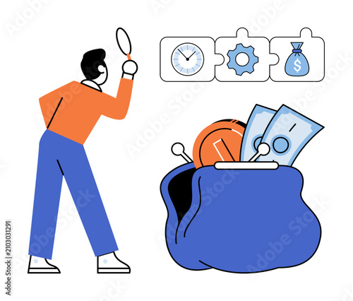 A man with a magnifying glass looking at money and business icons vector illustration. Financial planning, investment strategy, budget management, economic growth, savings, productivity. Person