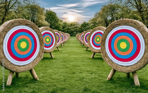 Vast Outdoor Archery Range with Multiple Colorful Straw Targets Under Clear Blue Sky