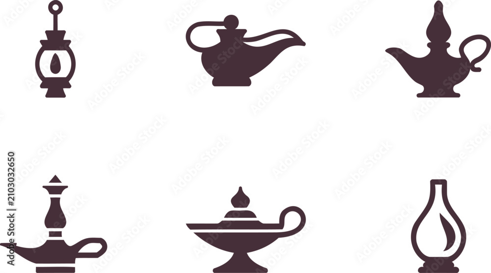 Fototapeta premium Elegant set of stylized ancient oil lamps and a classic lantern icon collection vector illustration