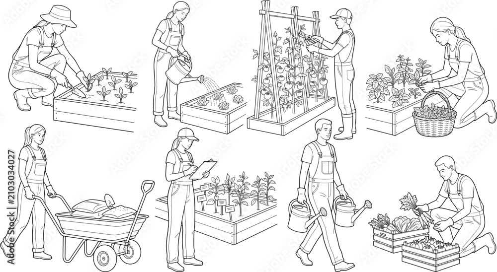 Obraz premium Gardening and Urban Farming Line Art Collection with Gardeners, Raised Beds, Plant Care and Harvest Illustrations