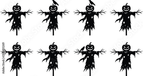 Fotografie Halloween scarecrow silhouette vector set featuring spooky jack o lantern pumpki