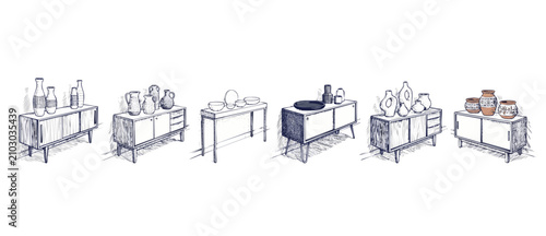 Photography Mid century modern sideboard illustration set featuring retro wooden consoles with ceramic vases, bowls, and pottery