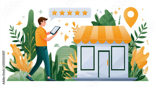 Customer Reviewing Local Business: A person uses a tablet to leave a glowing five-star review for a charming local shop, surrounded by lush greenery and charming illustration elements.