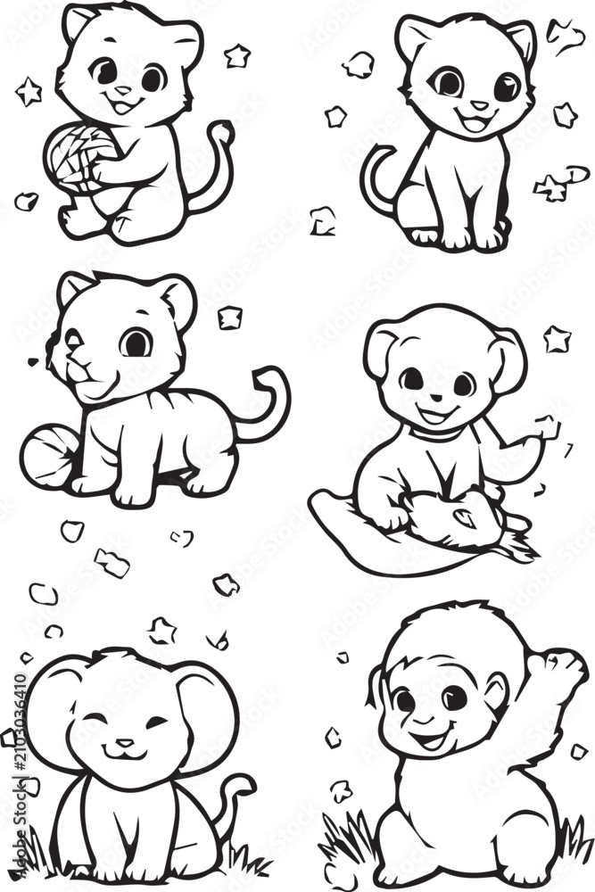Fototapeta premium Cute cartoon monkey illustrations in various poses and activities with illustration children educational