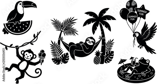 Canvas Print Tropical Summer Vacation Silhouette Vector Collection with Sloth in Hammock Hang