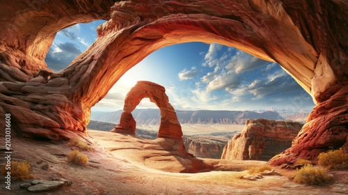Sunset View of a Natural Sandstone Arch Overlooking a Vast Desert Landscape