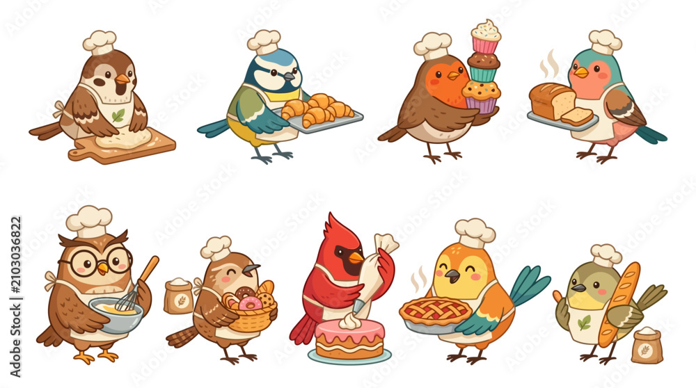 Fototapeta premium Cute Chef Birds Baking Pastries and Bread, Animals, Kawaii, Bakery, Cartoon