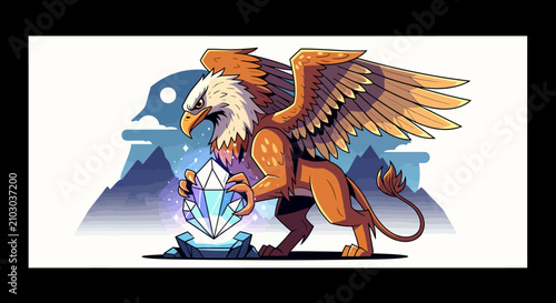 Mythical Griffin holding a glowing crystal gem in fantasy landscape